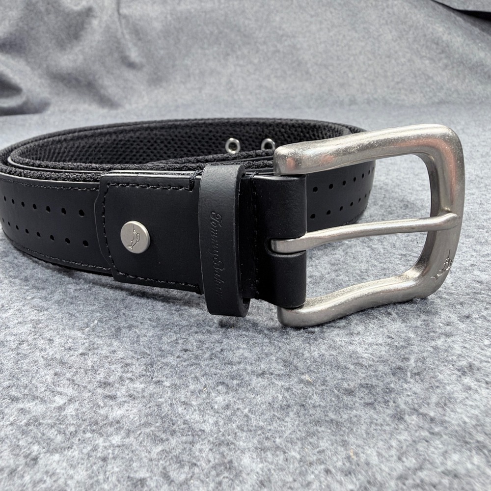 Tommy Bahama Mens Black Mesh and Leather Golf Belt Silver Marlin Buckle 46 Inch
